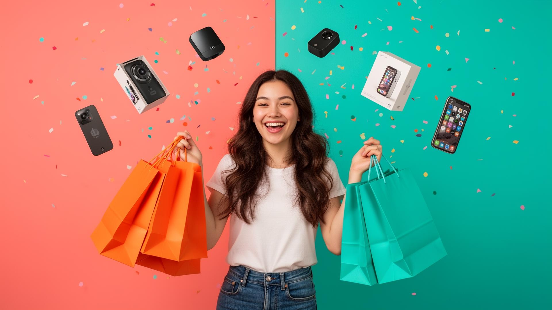 Happy shopper holding bags of products from Joy Market